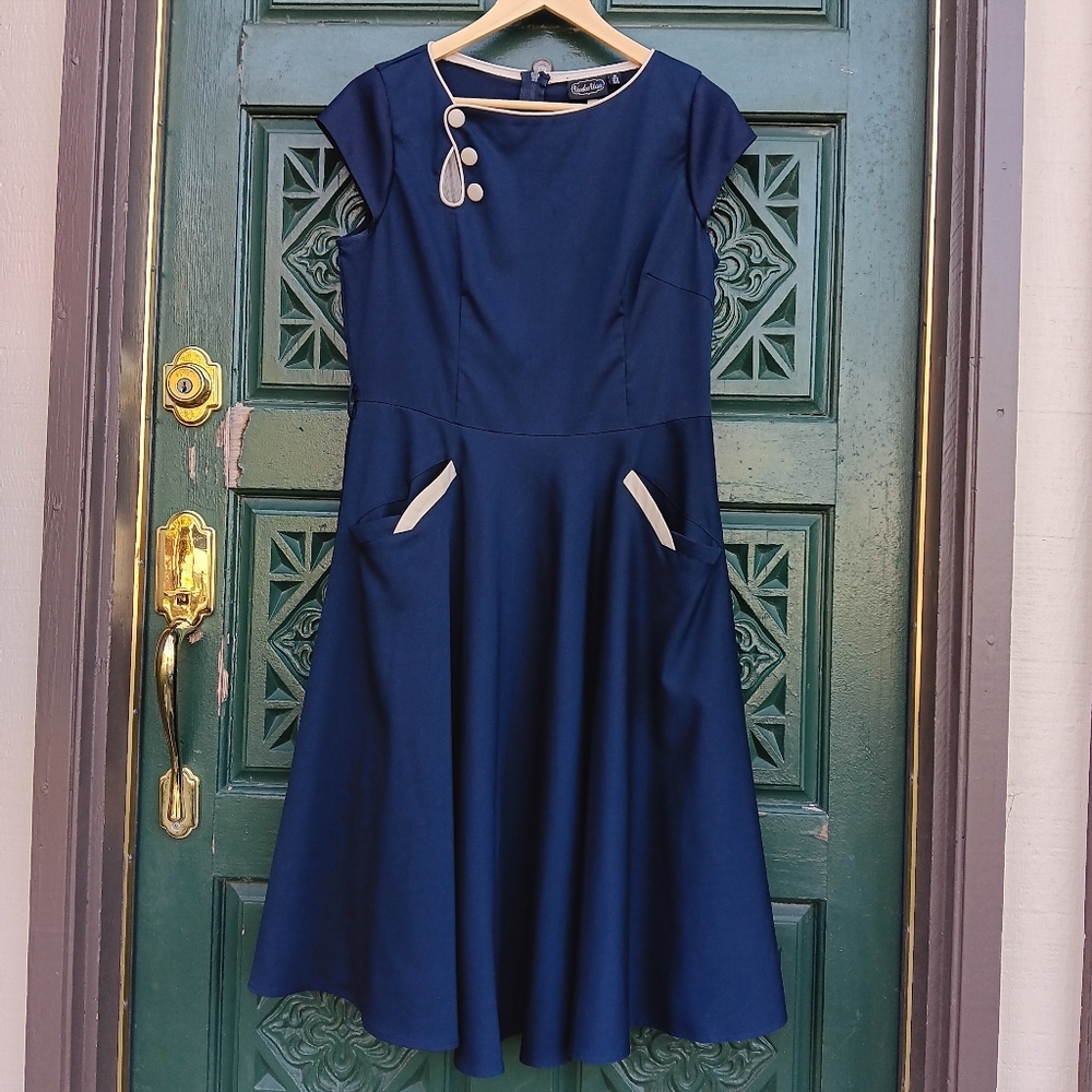Voodoo Vixen Navy Blue Dress with Cream Accents